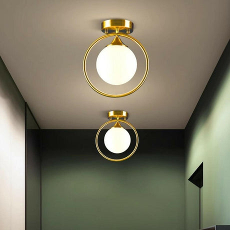 Hallway Brass White Glass Globe Semi-Flush Mount Light Image - 1