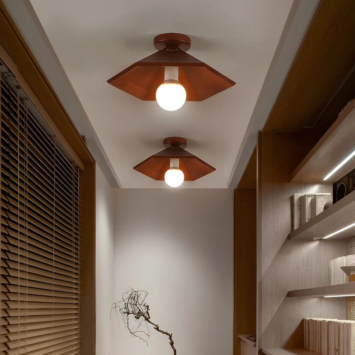 Hallway Brown Wood Cone Semi-Flush Mount Ceiling Light Image - 1