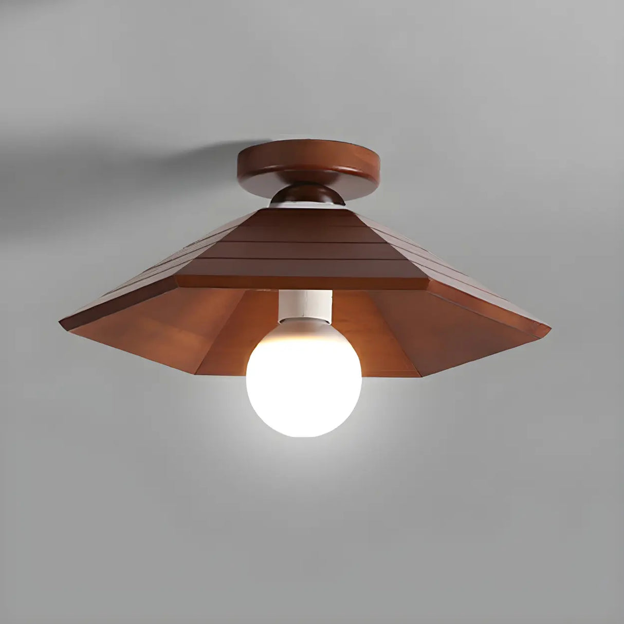 Hallway Brown Wood Cone Semi-Flush Mount Ceiling Light Image - 6