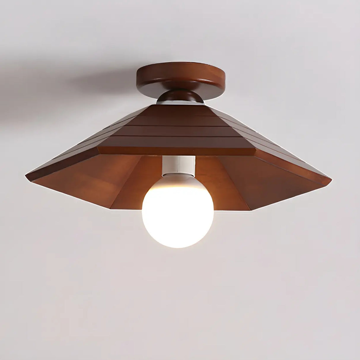 Hallway Brown Wood Cone Semi-Flush Mount Ceiling Light Image - 7