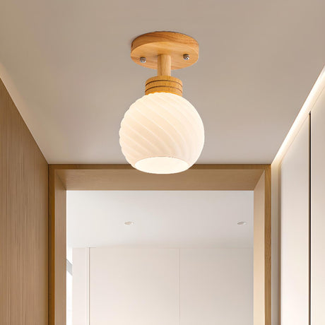 Hallway Bud Wood Glass Semi-Flush Mount Ceiling Light Image - 1