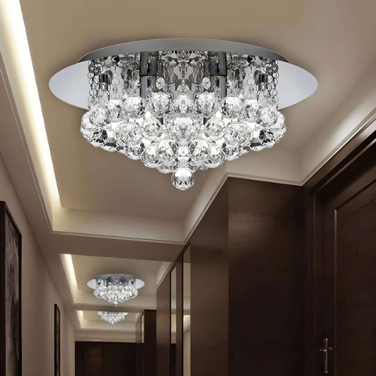 Hallway Cascading Crystal Bead Chrome Flush Mount Light Image - 1