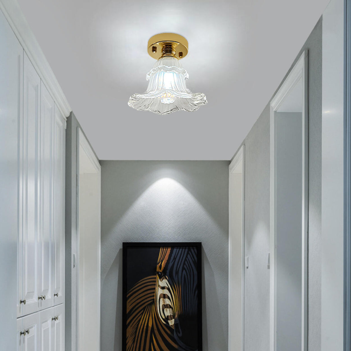 Hallway Clear Glass Flower Gold Semi-Flush Mount Light Image - 1