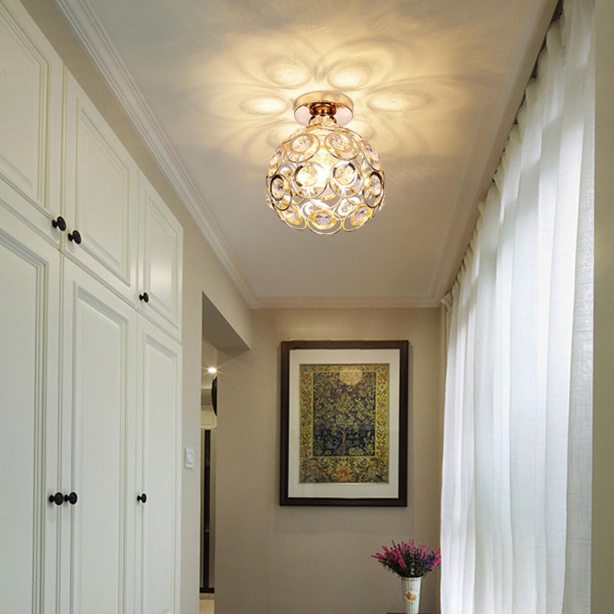 Hallway Crystal Ball Iron Semi-Flush Mount Ceiling Lamp Image - 3