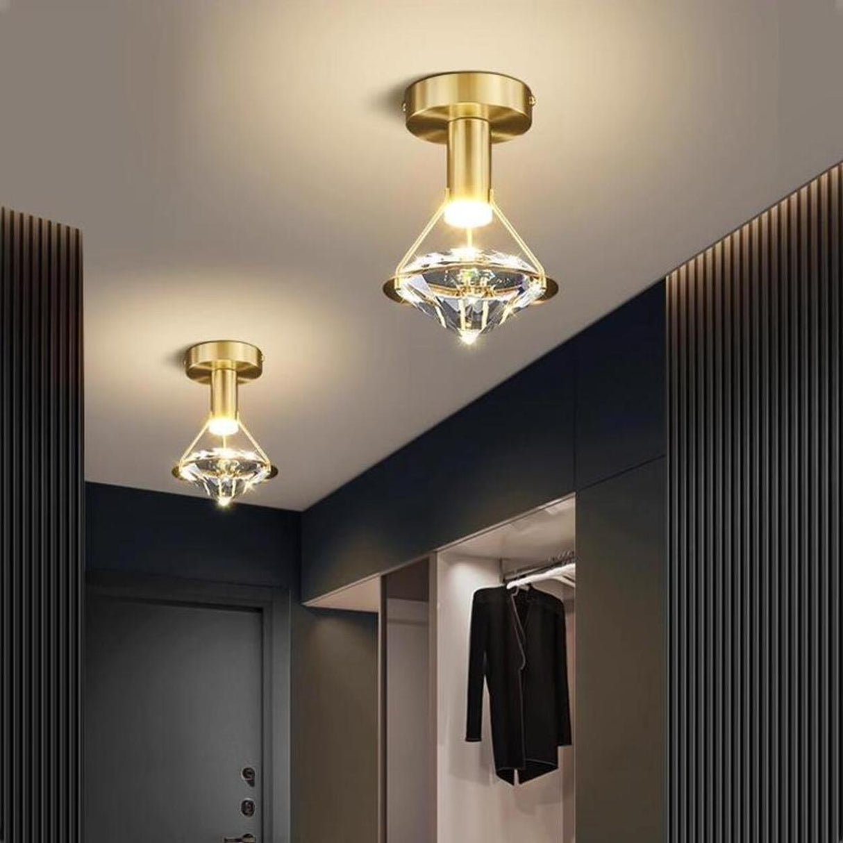 Hallway Diamond Crystal Gold Semi-Flush Mount Light Image - 2