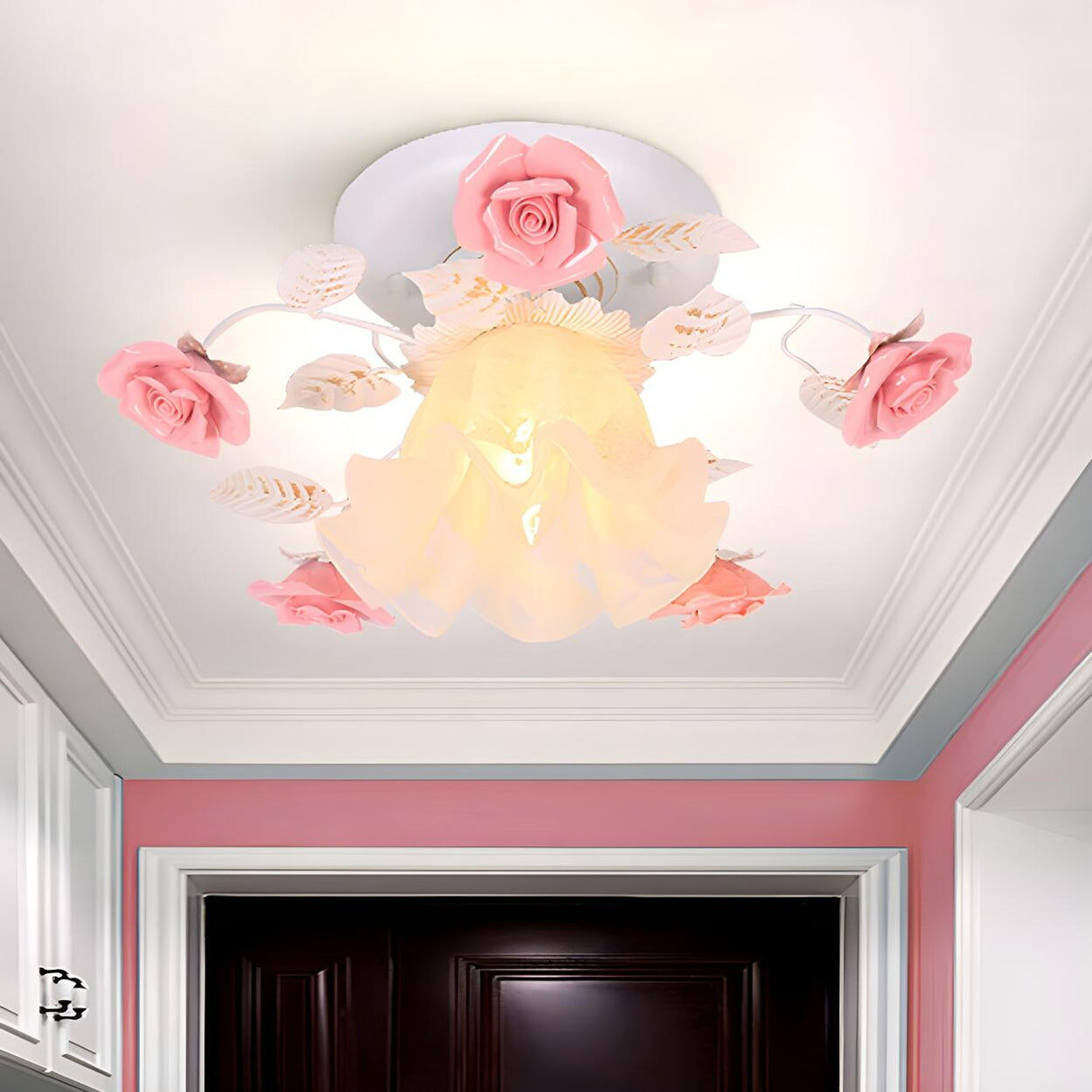 Hallway Elegant Pink Rose Small Semi-Flush Mount Light Image - 1