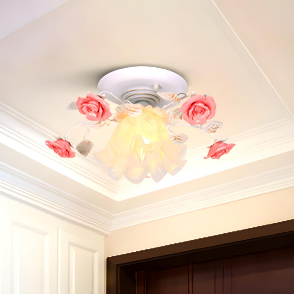 Hallway Elegant Pink Rose Small Semi-Flush Mount Light Image - 3