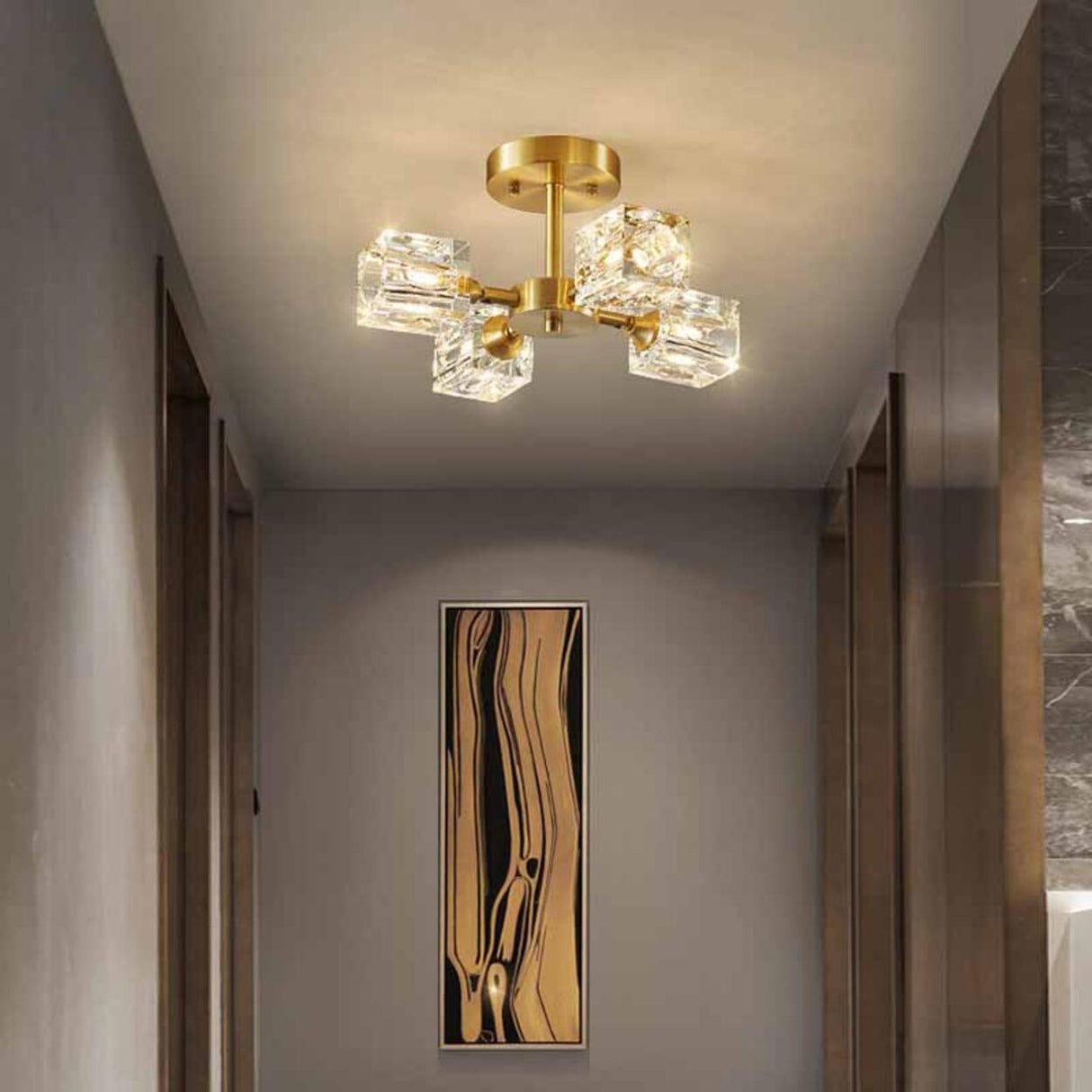 Hallway Gold Crystal Cube Semi-Flush Mount Lamp 3-Light Image - 3