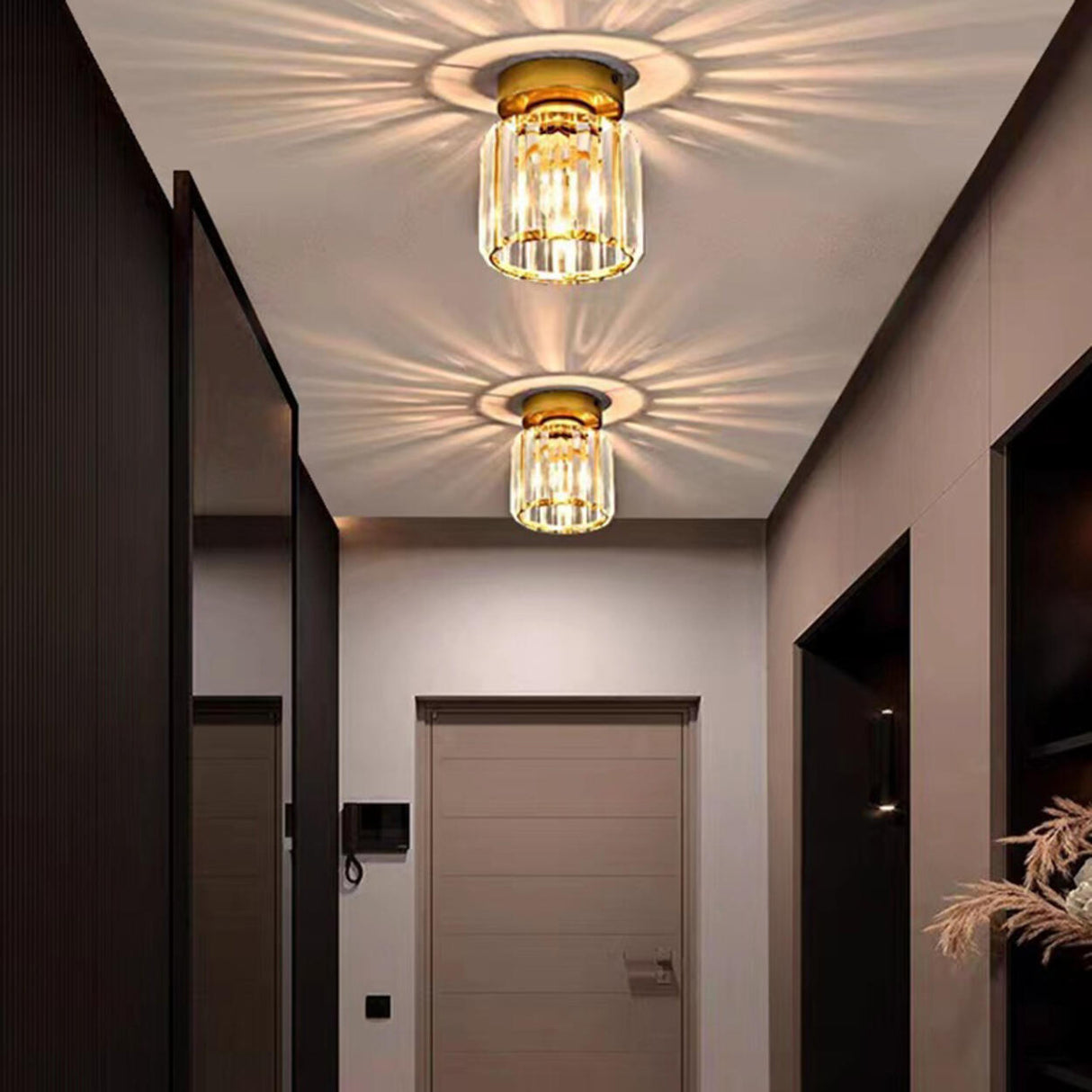 Hallway Gold Crystal Cylinder Semi-Flush Mount Light Image - 9