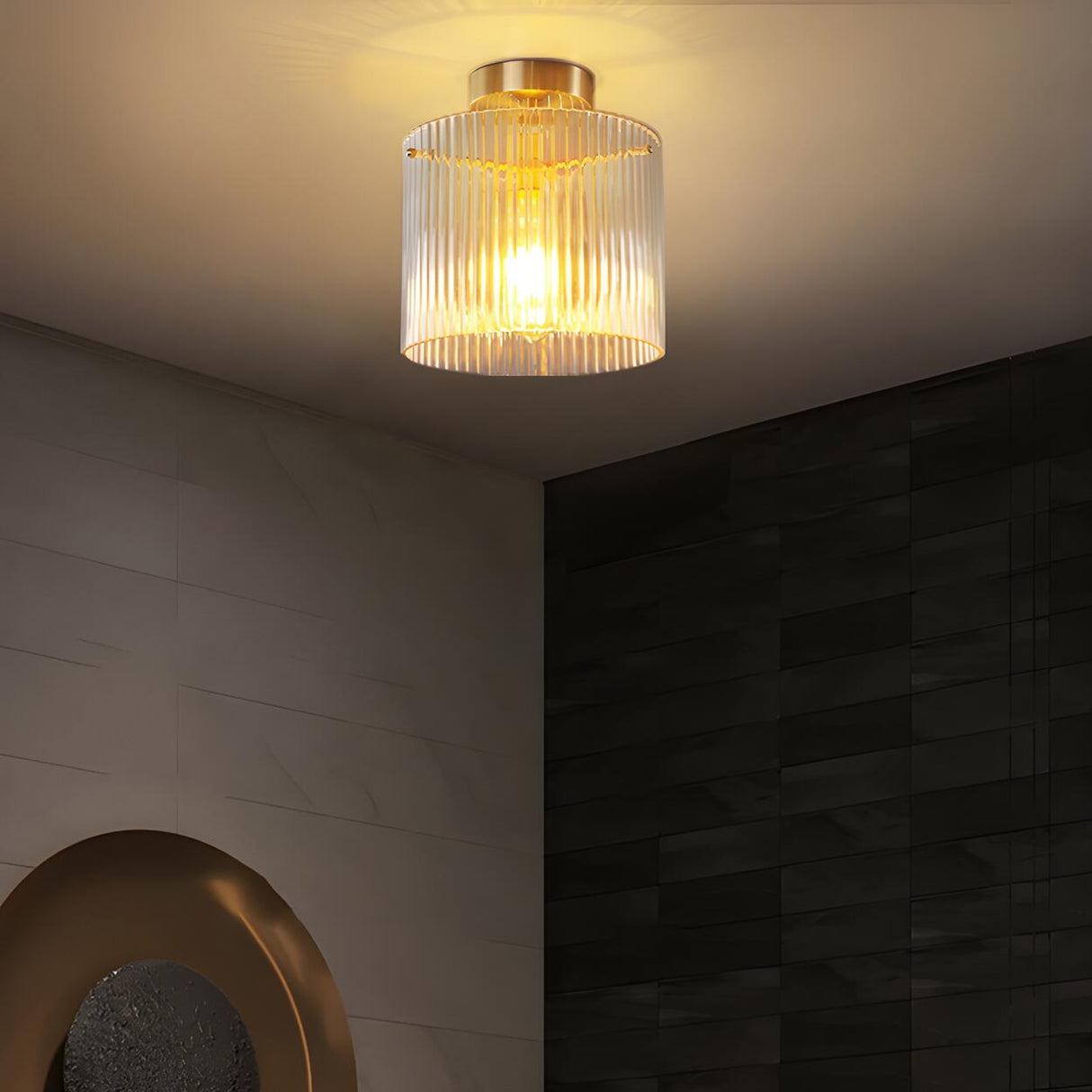 Hallway Gold Cylinder Clear Glass Semi-Flush Mount Lamp Image - 6