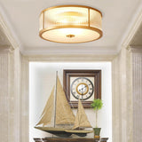 Hallway Gold Drum Ribbed Glass Semi-Flush Mount Light Image - 1