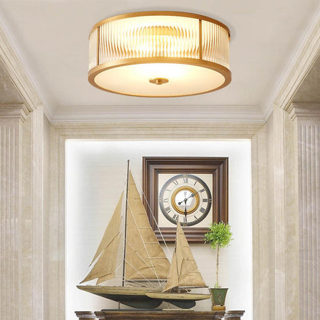 Hallway Gold Drum Ribbed Glass Semi-Flush Mount Light Image - 1