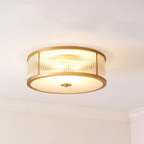 Hallway Gold Drum Ribbed Glass Semi-Flush Mount Light Image - 7