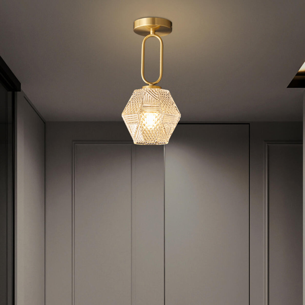 Hallway Gold Polyhedron Glass Semi-Flush Mount Light Image - 4