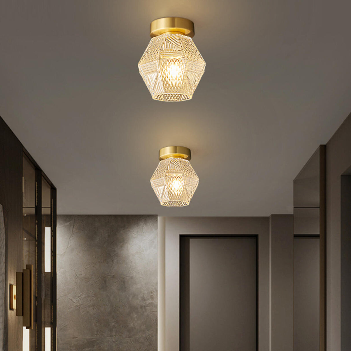 Hallway Gold Polyhedron Glass Semi-Flush Mount Light Image - 6