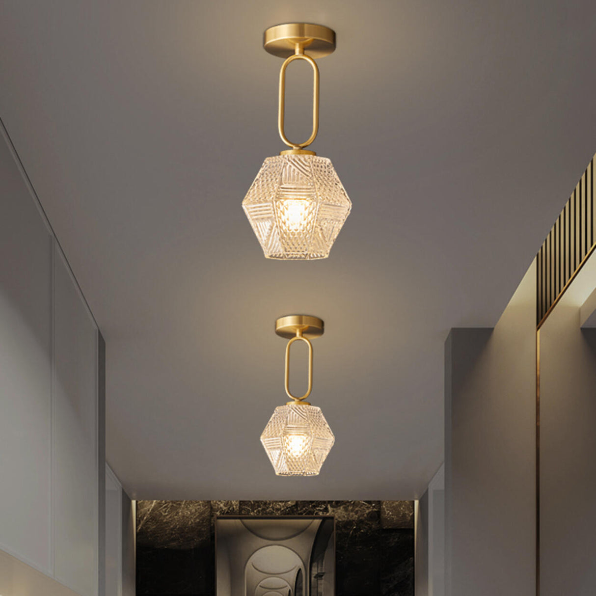 Hallway Gold Polyhedron Glass Semi-Flush Mount Light Image - 7