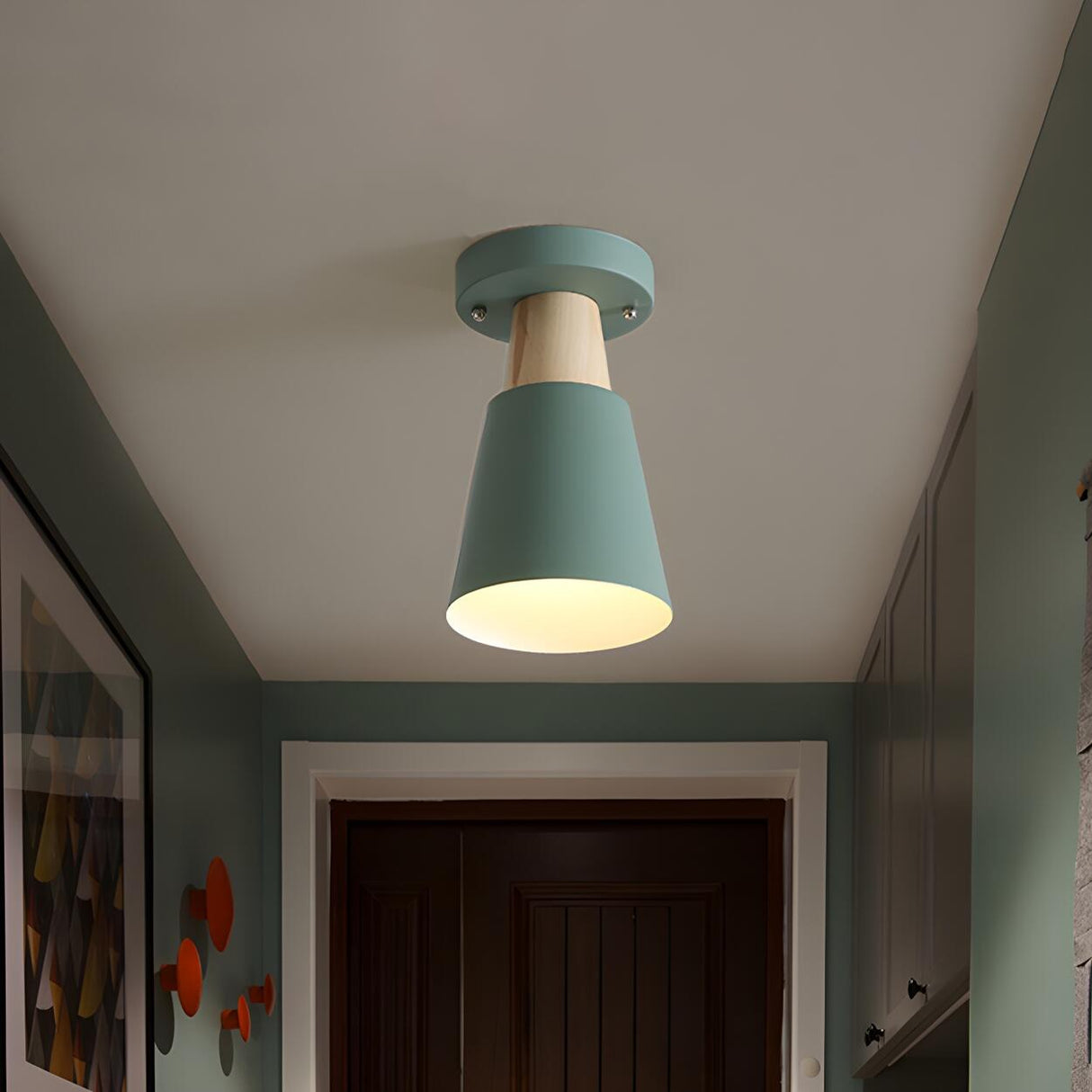 Hallway Green Conic Semi-Flush Mount Ceiling Light Image - 2