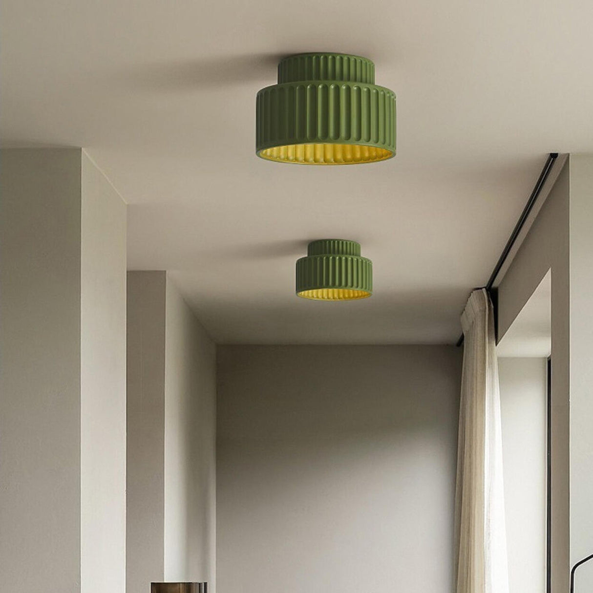 Hallway Green Ribbed Cylinder Flush Mount Ceiling Light Image - 1