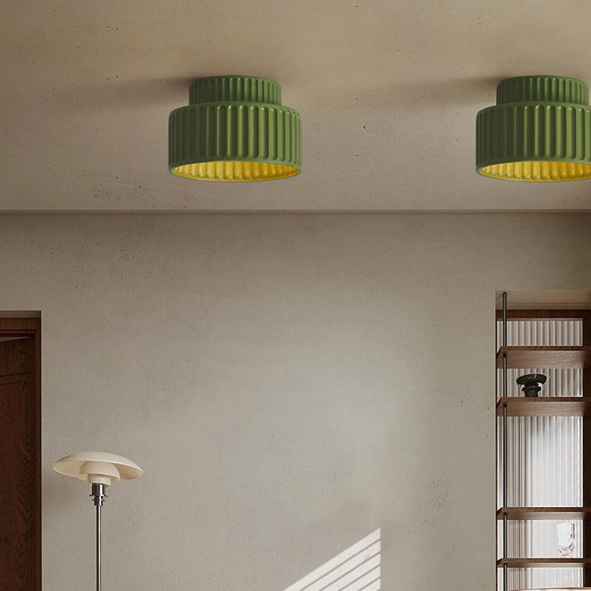 Hallway Green Ribbed Cylinder Flush Mount Ceiling Light Image - 6