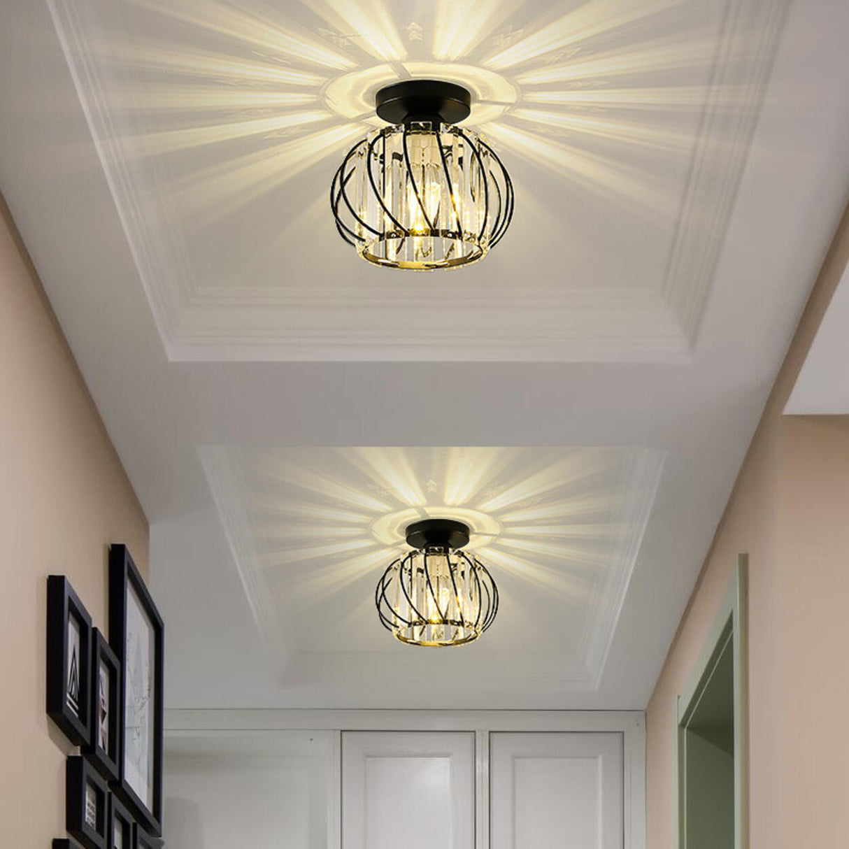 Hallway Hollow Spherical Crystal Semi-Flush Mount Light Image - 3