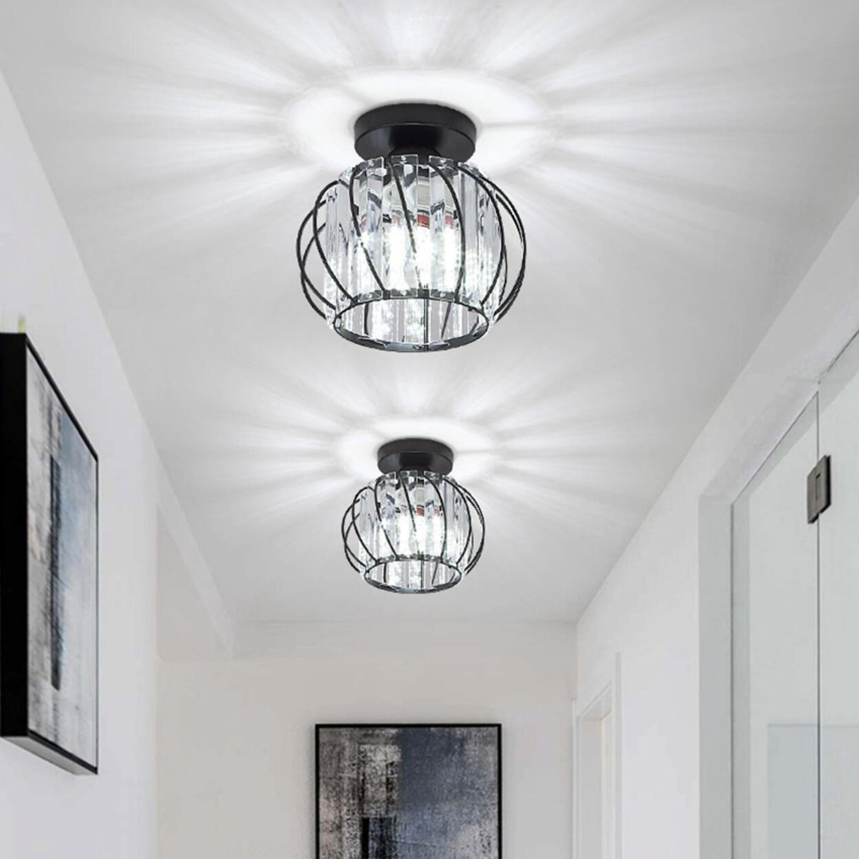 Hallway Hollow Spherical Crystal Semi-Flush Mount Light Image - 8