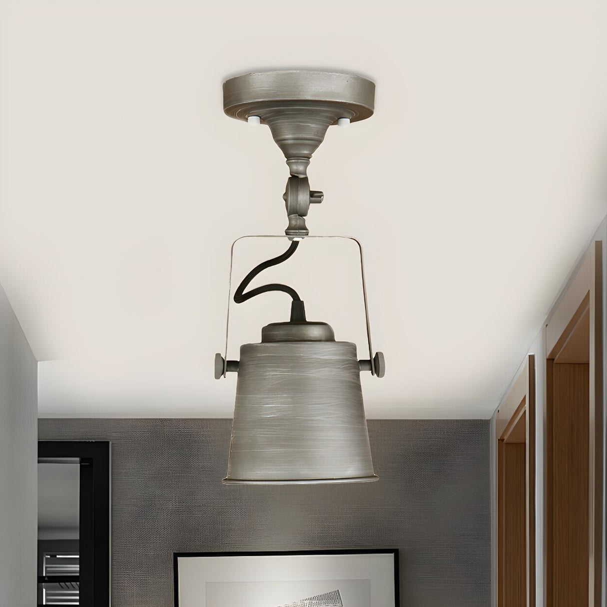 Hallway Industrial Silver Bucket Semi-Flush Mount Light Image - 2