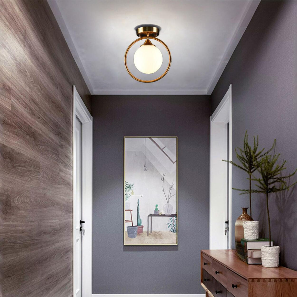 Hallway Metal Gold Globe Semi-Flush Mount Ceiling Light Image - 1