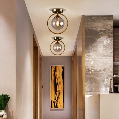 Hallway Metal Gold Globe Semi-Flush Mount Ceiling Light Image - 2