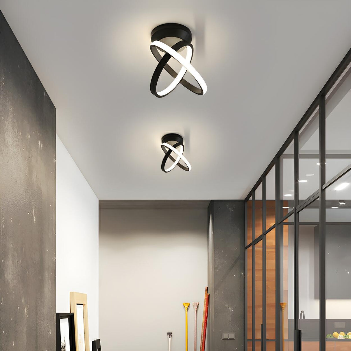 Hallway Mini Black Double Ring Semi-Flush Mount Light Image - 4