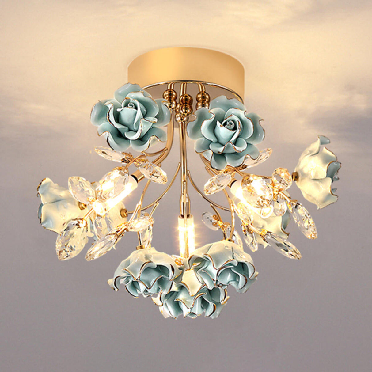 Hallway Mini Blue Floral Crystal Semi-Flush Mount Light Image - 5