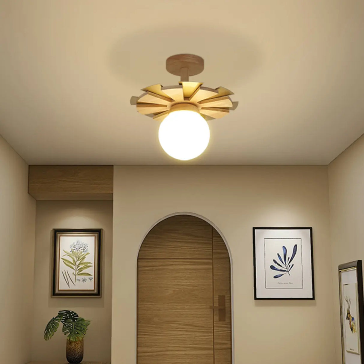 Hallway Mini Glass Globe Wooden Semi-Flush Mount Light Image - 12