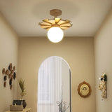 Hallway Mini Glass Globe Wooden Semi-Flush Mount Light Image - 2