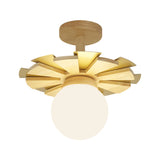 Hallway Mini Glass Globe Wooden Semi-Flush Mount Light Image - 5