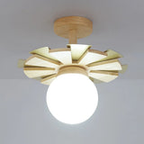 Hallway Mini Glass Globe Wooden Semi-Flush Mount Light Image - 7