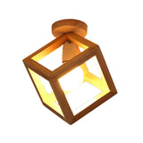 Hallway Mini Solid Wood Frame Square Flush Mount Light Image - 5