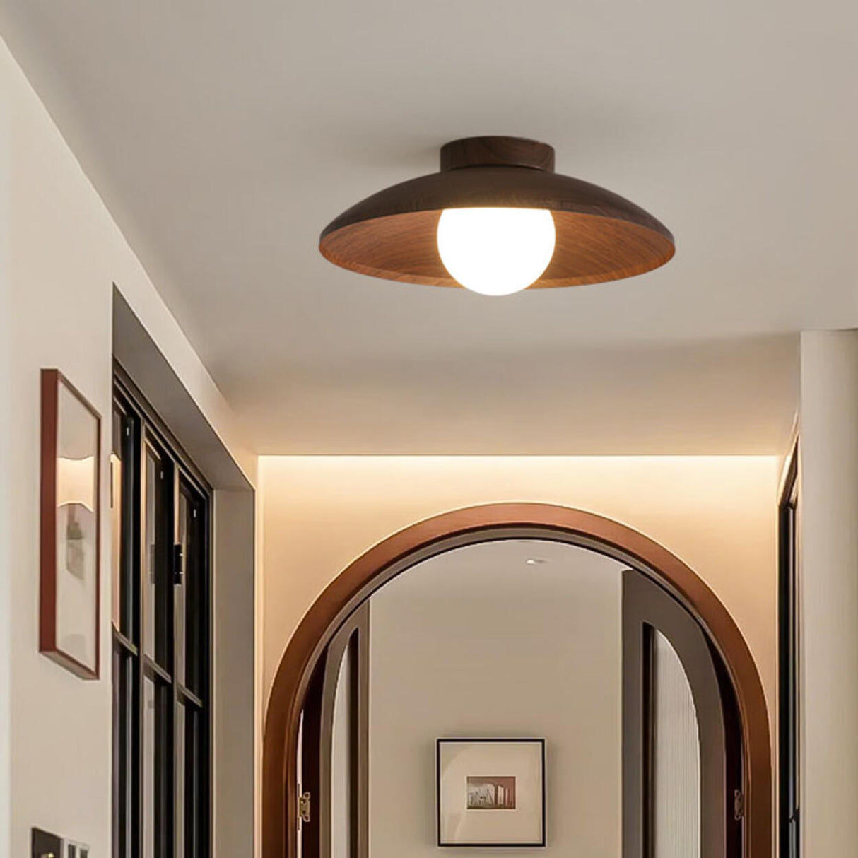 Hallway Mini Walnut Dome Semi-Flush Mount Ceiling Light Image - 1