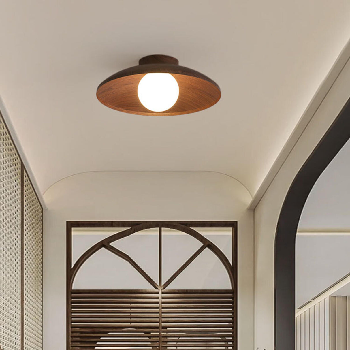 Hallway Mini Walnut Dome Semi-Flush Mount Ceiling Light Image - 4