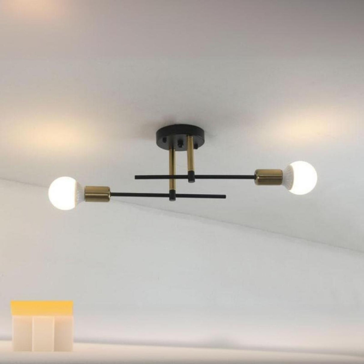 Hallway Modern Black Gold Semi-Flush Mount Lamp 2-Light Image - 8