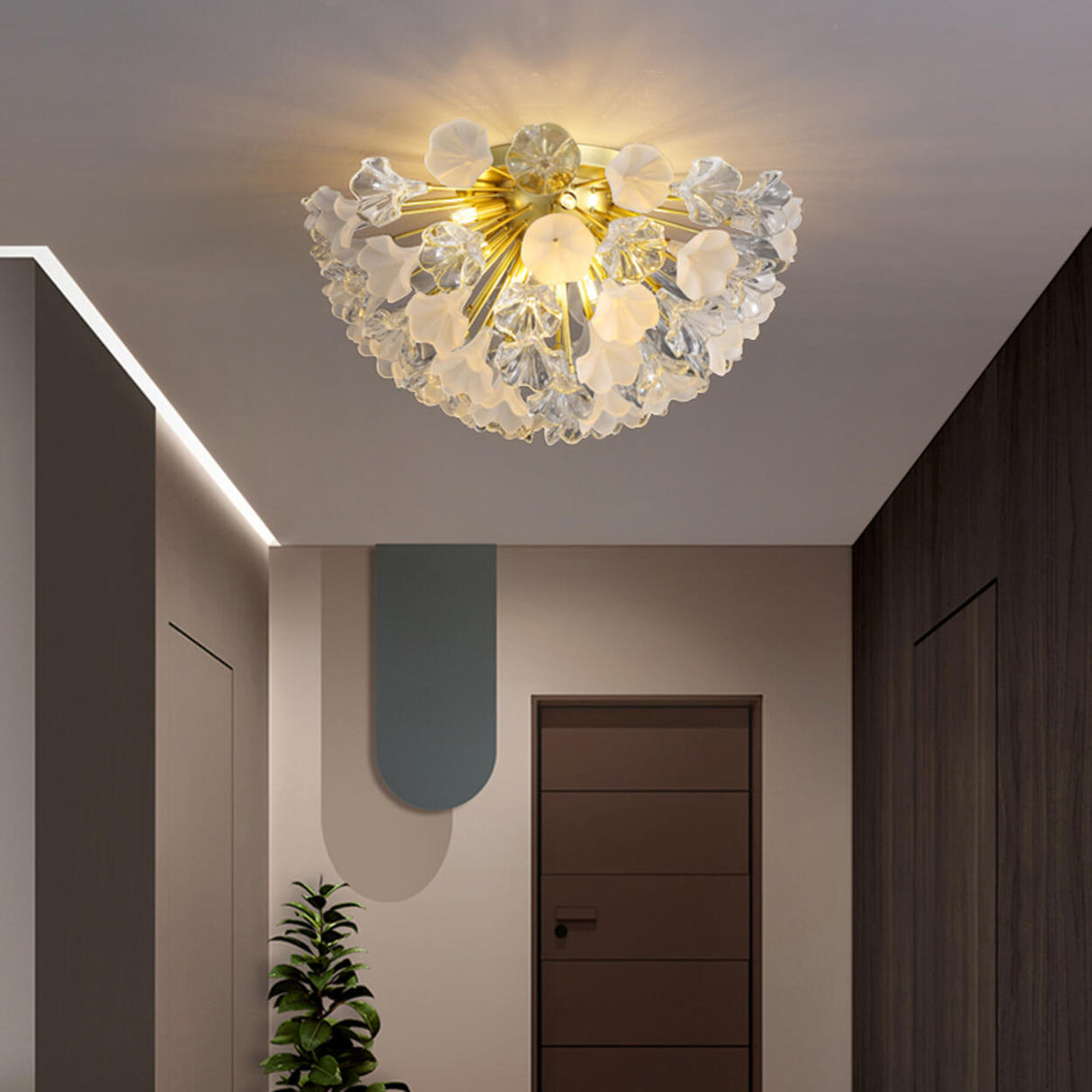 Hallway Modern Gold Flower Glass Semi-Flush Mount Light Image - 1