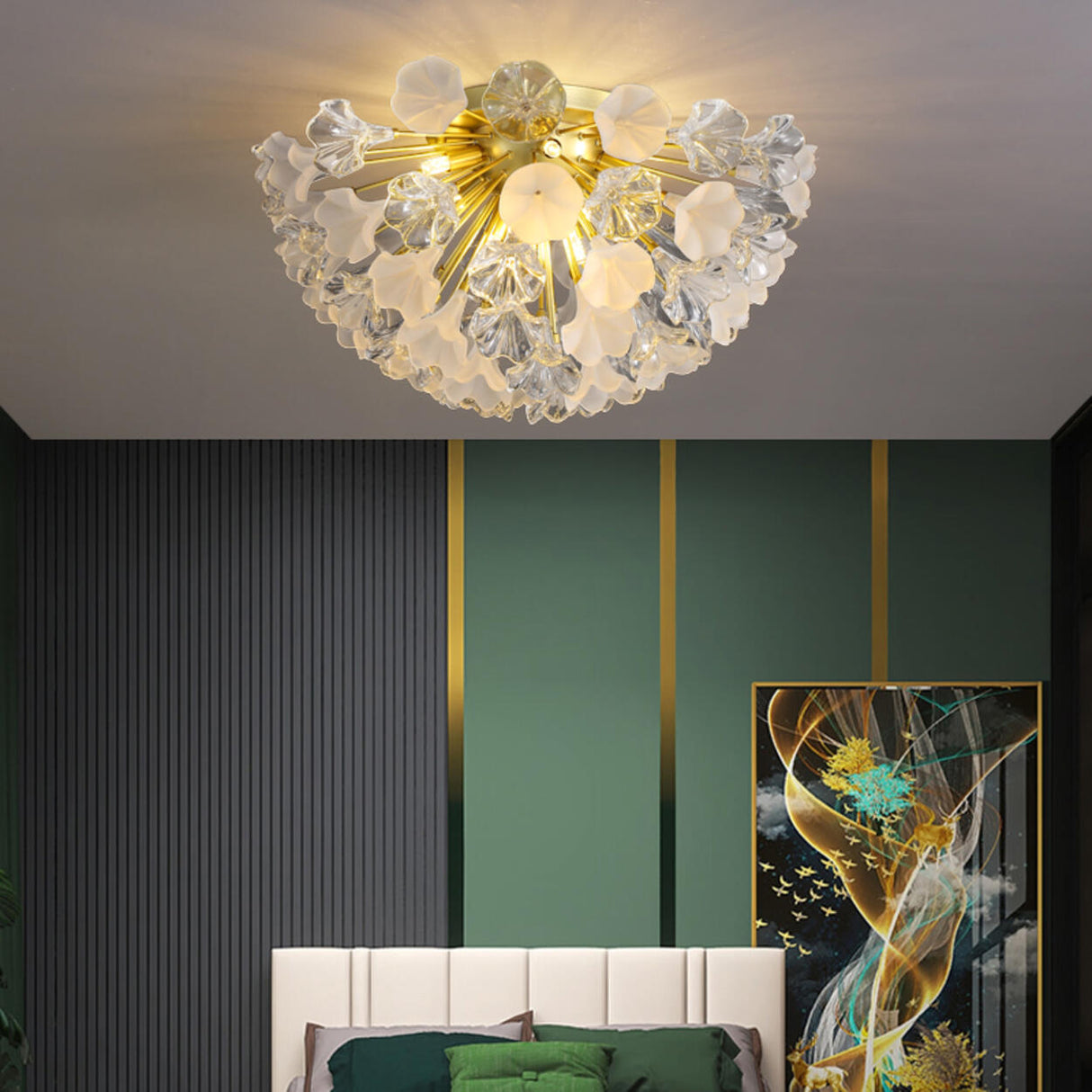 Hallway Modern Gold Flower Glass Semi-Flush Mount Light Image - 4