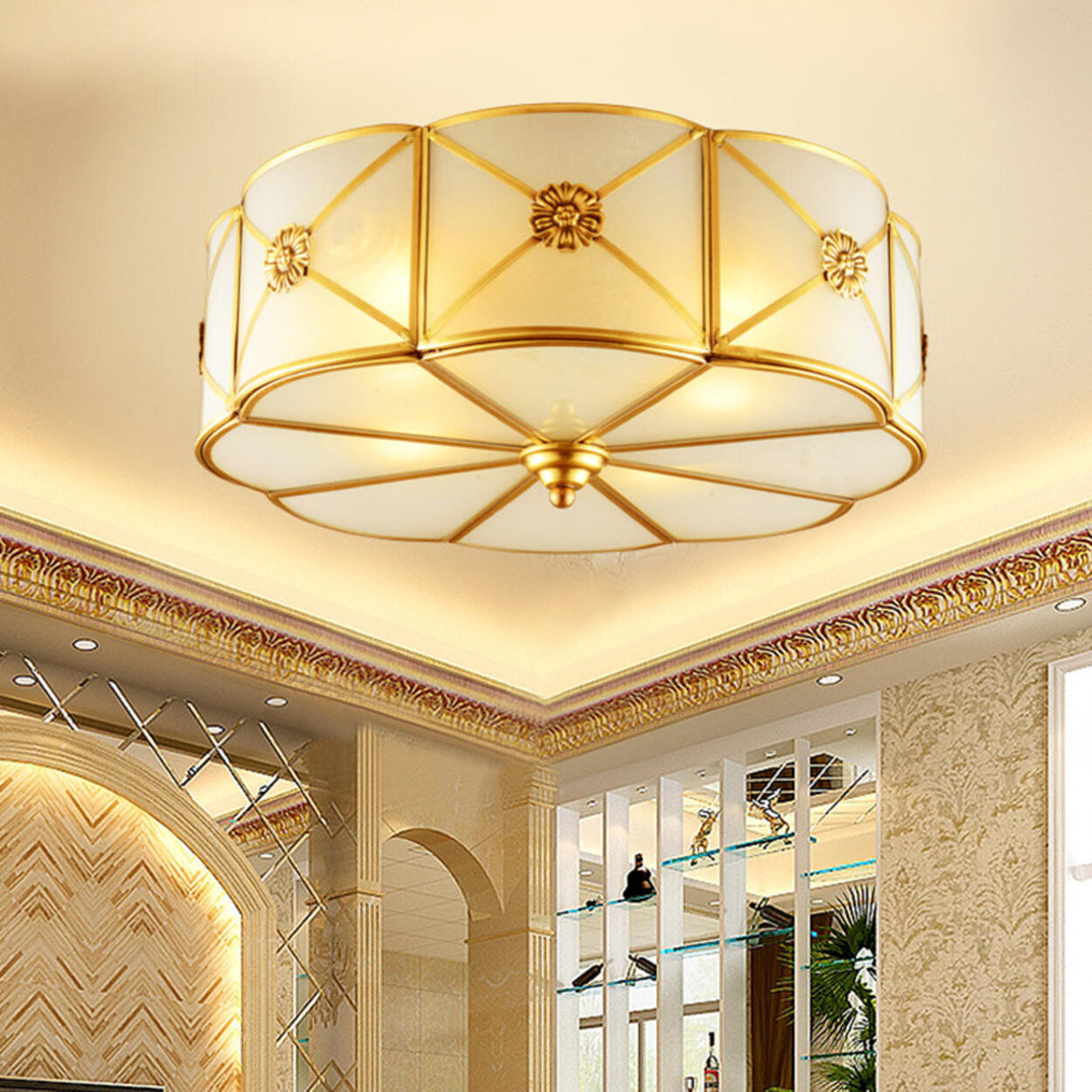 Hallway Moon Cake Gold Glass Flush Mount Ceiling Light Image - 2