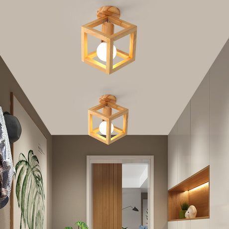 Hallway Natural Wood Frame Mini Semi-Flush Mount Light Image - 1