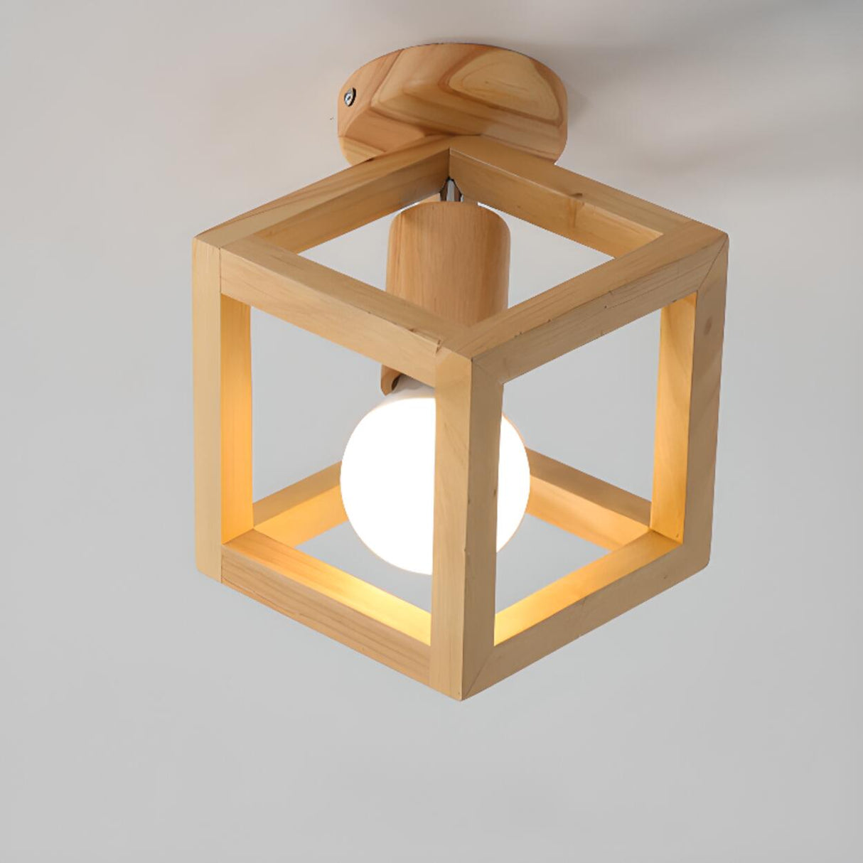 Hallway Natural Wood Frame Mini Semi-Flush Mount Light Image - 12