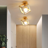 Hallway Natural Wood Frame Mini Semi-Flush Mount Light Image - 4