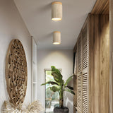 Hallway Natural Wood Stone Cylinder Flush Mount Light Image - 1