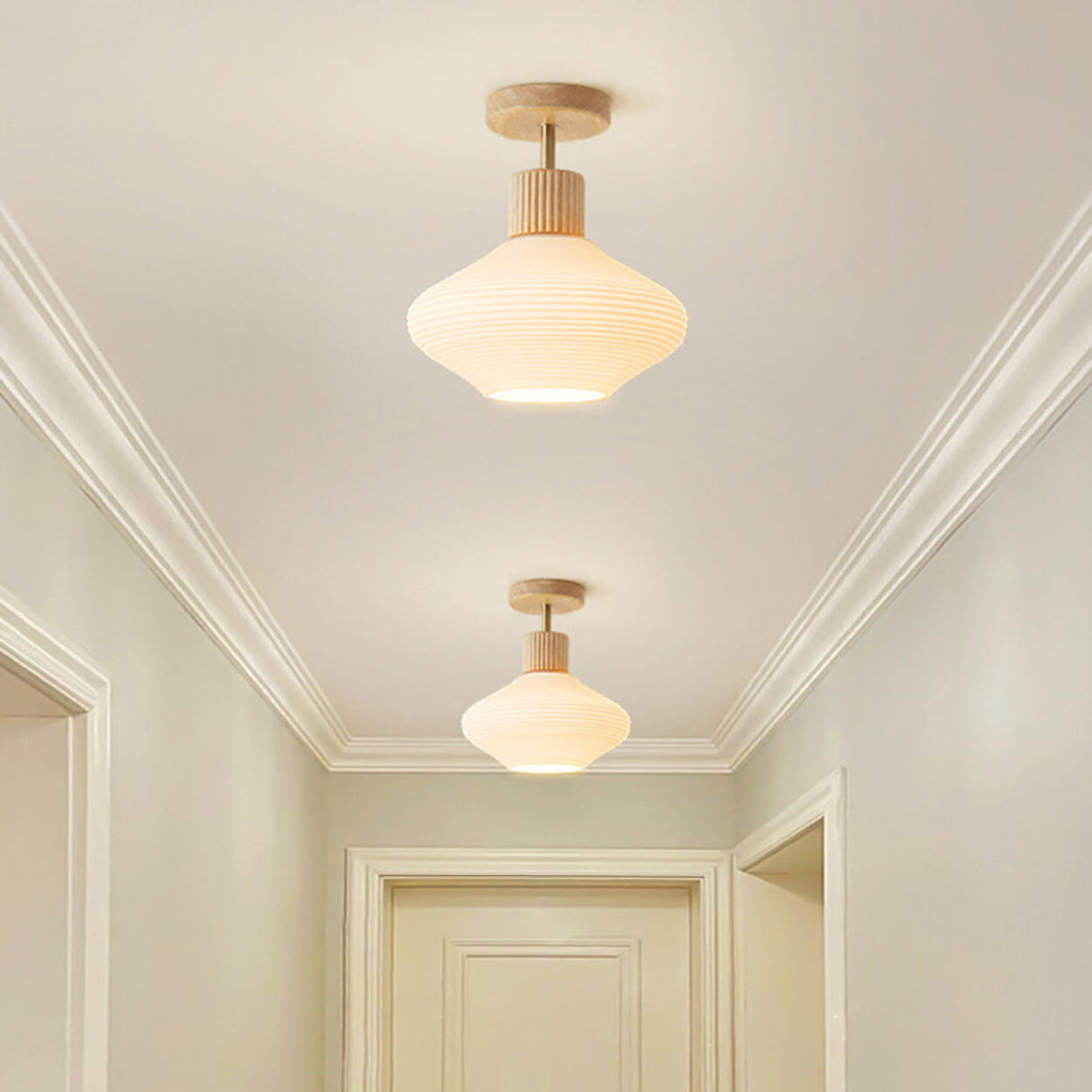 Hallway Nordic Wood Semi-Flush Mount Ceiling Light Image - 13