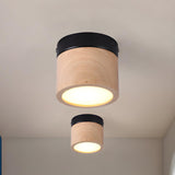 Hallway Oriental Wooden Cylinder Flush Mount Light Image - 1