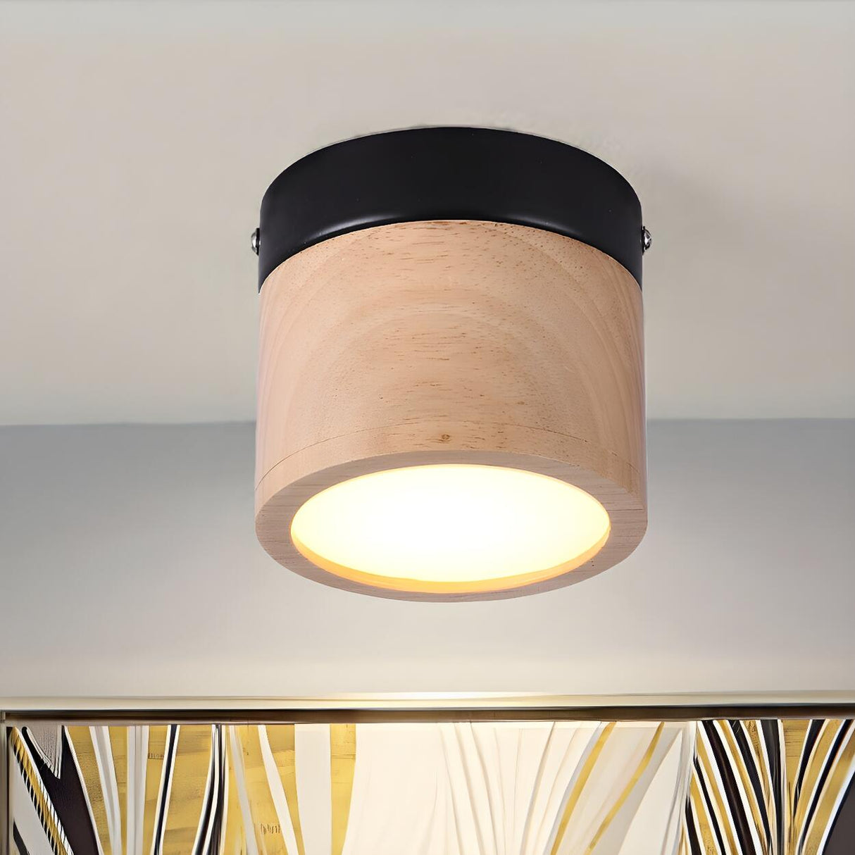 Hallway Oriental Wooden Cylinder Flush Mount Light Image - 2