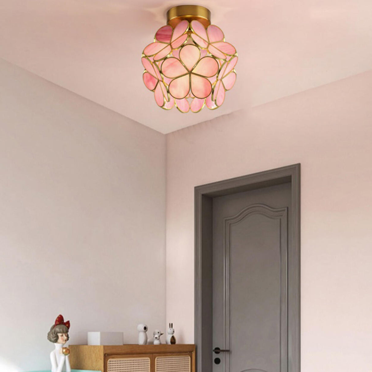 Hallway Pink Floral Glass Globe Semi-Flush Mount Light Image - 7