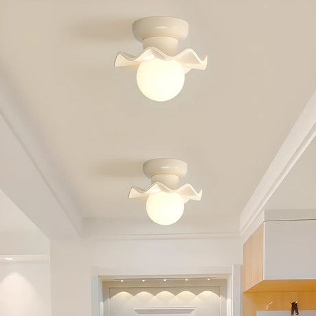 Hallway Resin Cream Flower Ball Semi-Flush Ceiling Lamp Image - 1